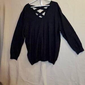 Elegant Black V-Neck Sweater with Crisscross Detail